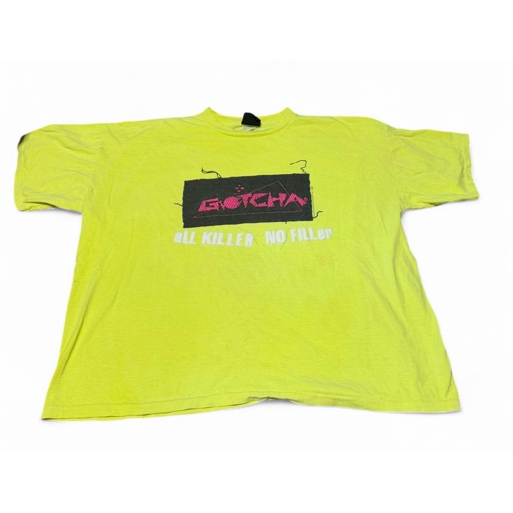 Vintage 1990 Gotcha Sportswear T Shirt XL Neon Yellow Surf Skate USA Made 90s